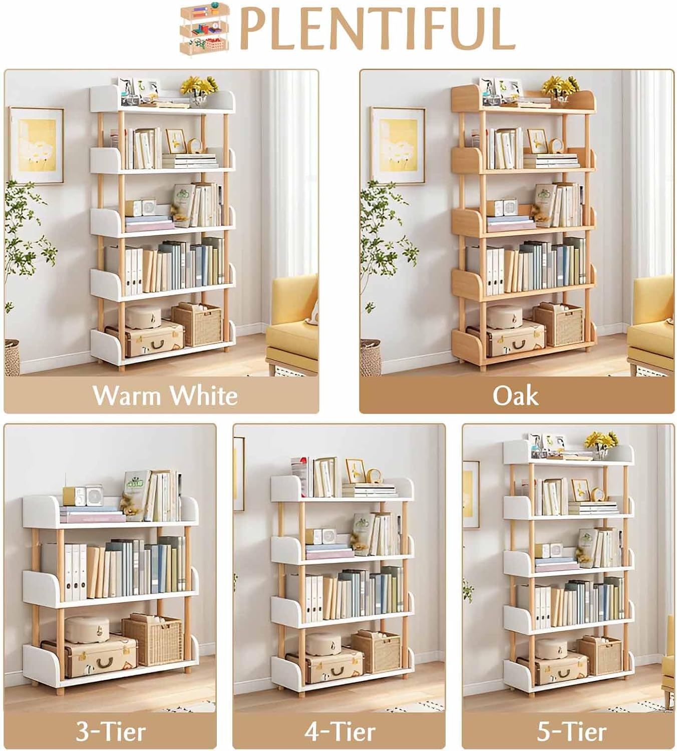 3-Tier Wooden Open Bookcase - Modern Display Bookshelf with Top Edge, Warm White