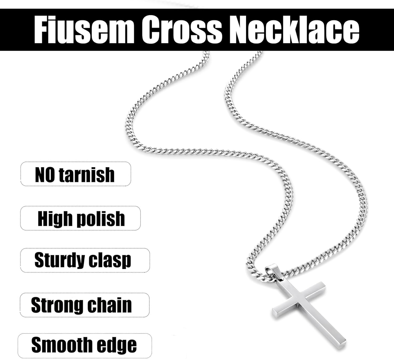 Cross Necklaces with 3.5mm Cross Chain and Stainless Steel Cross Pendant, Cuban Chain 16-28 Inch