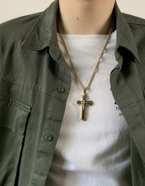 Load image into Gallery viewer, Cross Necklace for Men Boy Silver Black Gold Stainless Steel Christ Cross Crucifix Pendant Necklace Religious Jewelry Gift Box Chain 21.6
