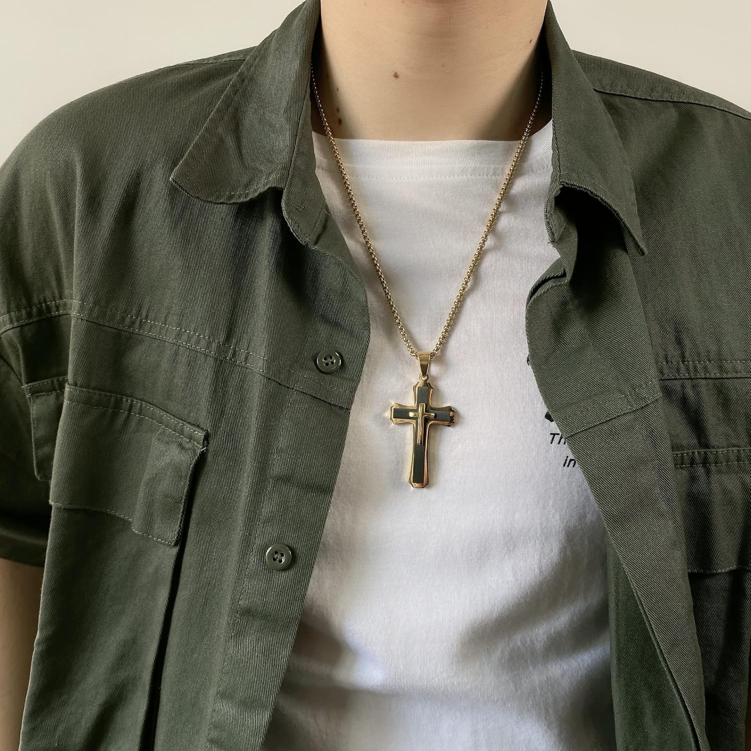 Cross Necklace for Men Boy Silver Black Gold Stainless Steel Christ Cross Crucifix Pendant Necklace Religious Jewelry Gift Box Chain 21.6