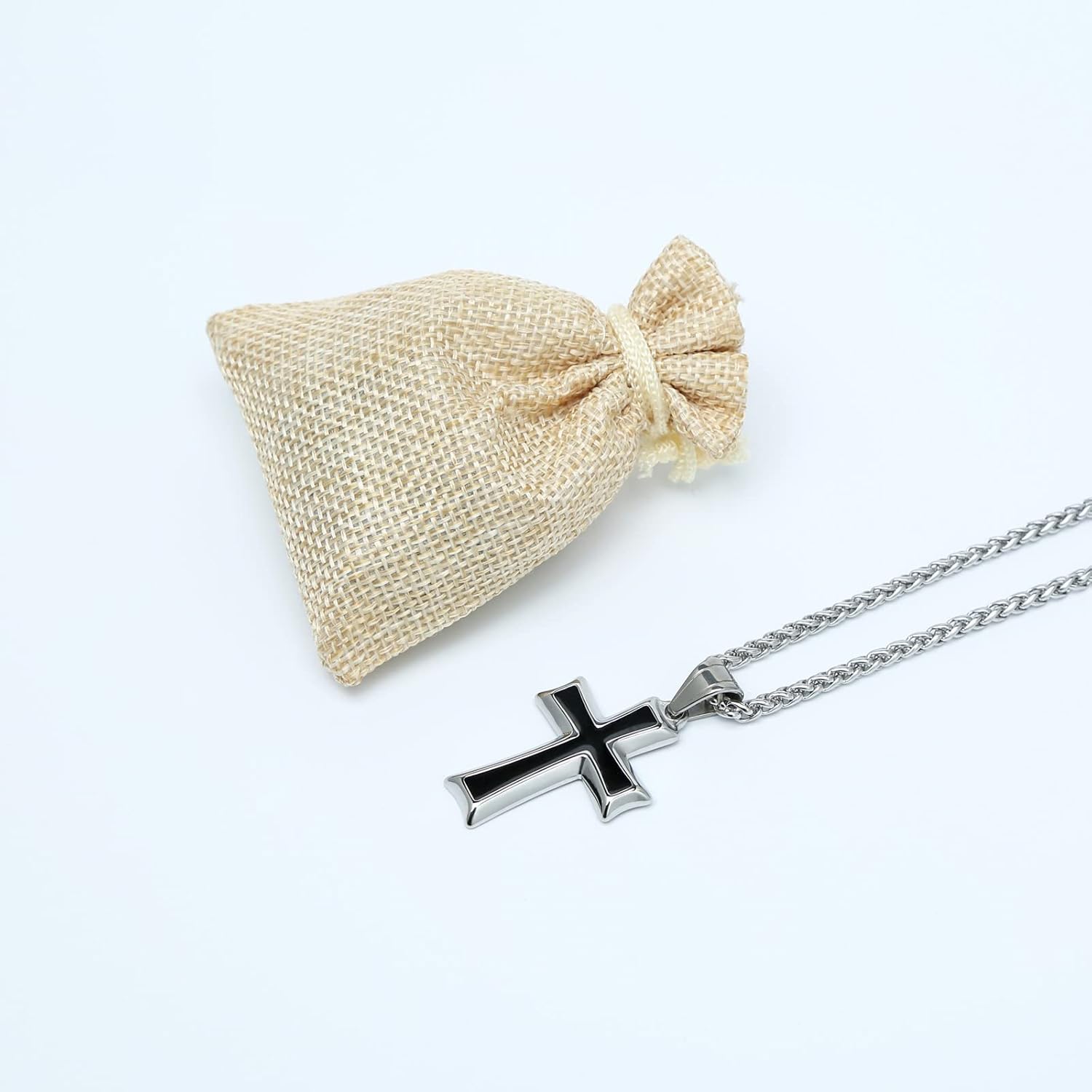 Mens Stainless Steel Cross Pendant Necklace with Wheat Chain, Silver