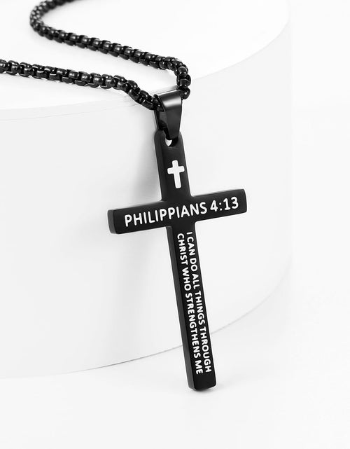 Load image into Gallery viewer, Bible Verse Cross Necklace for Men, Stainless Steel Mens Necklace, Black/Gold/Silver Tone Cross Pendant for Men, 22 inches
