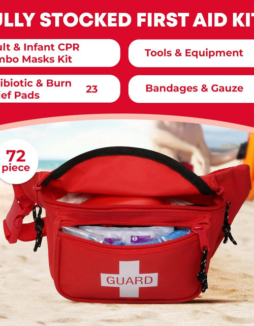 Load image into Gallery viewer, Fanny Pack/Hip Pack, Fully Stocked First Aid Kit with Adult &amp; Infant CPR Combo Masks (72 Piece Set)
