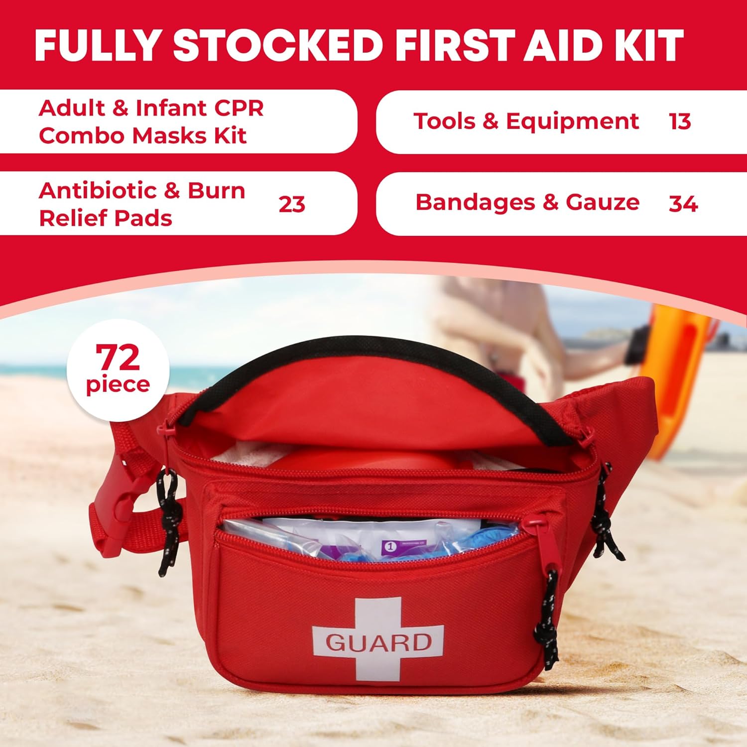 Fanny Pack/Hip Pack, Fully Stocked First Aid Kit with Adult & Infant CPR Combo Masks (72 Piece Set)