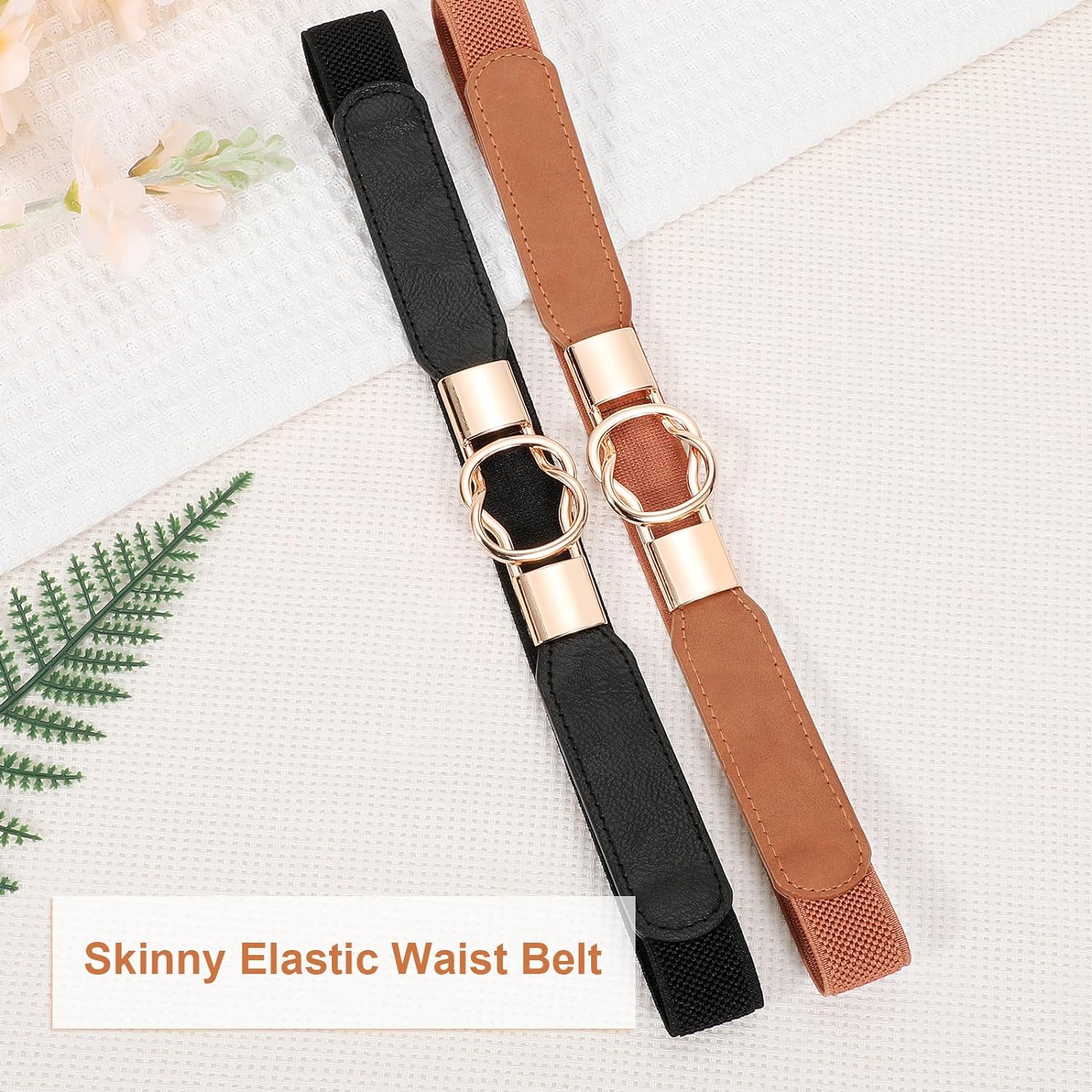 Women Retro Elastic Stretchy Metal Buckle Skinny Waist Belt 1 inch Wide (26 to 30 inches, Black and Brown)