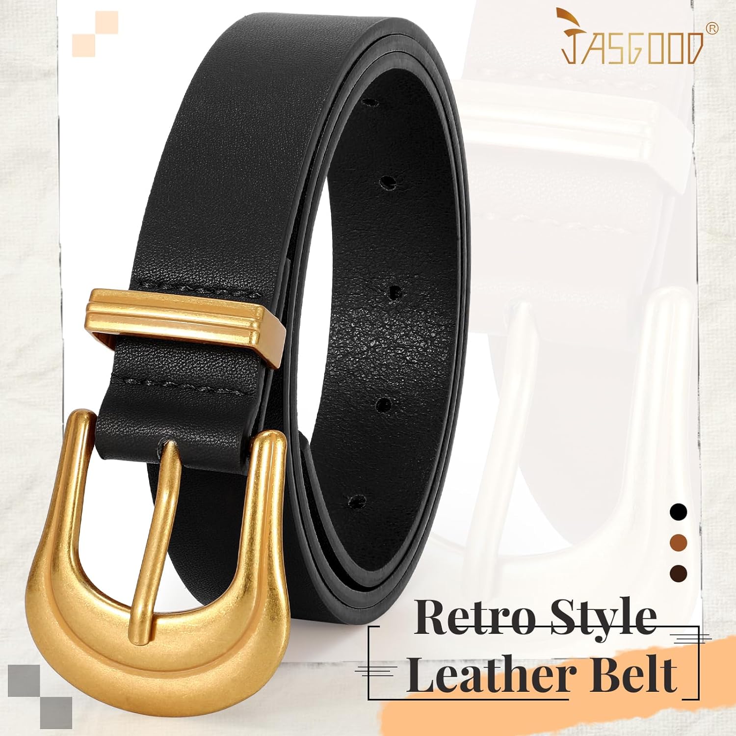 Women's Western Belt Vintage Black Leather Waist Belt for Pants Jeans with Gold Buckle (Fits Waist 33-7 inches, Black/Gold)