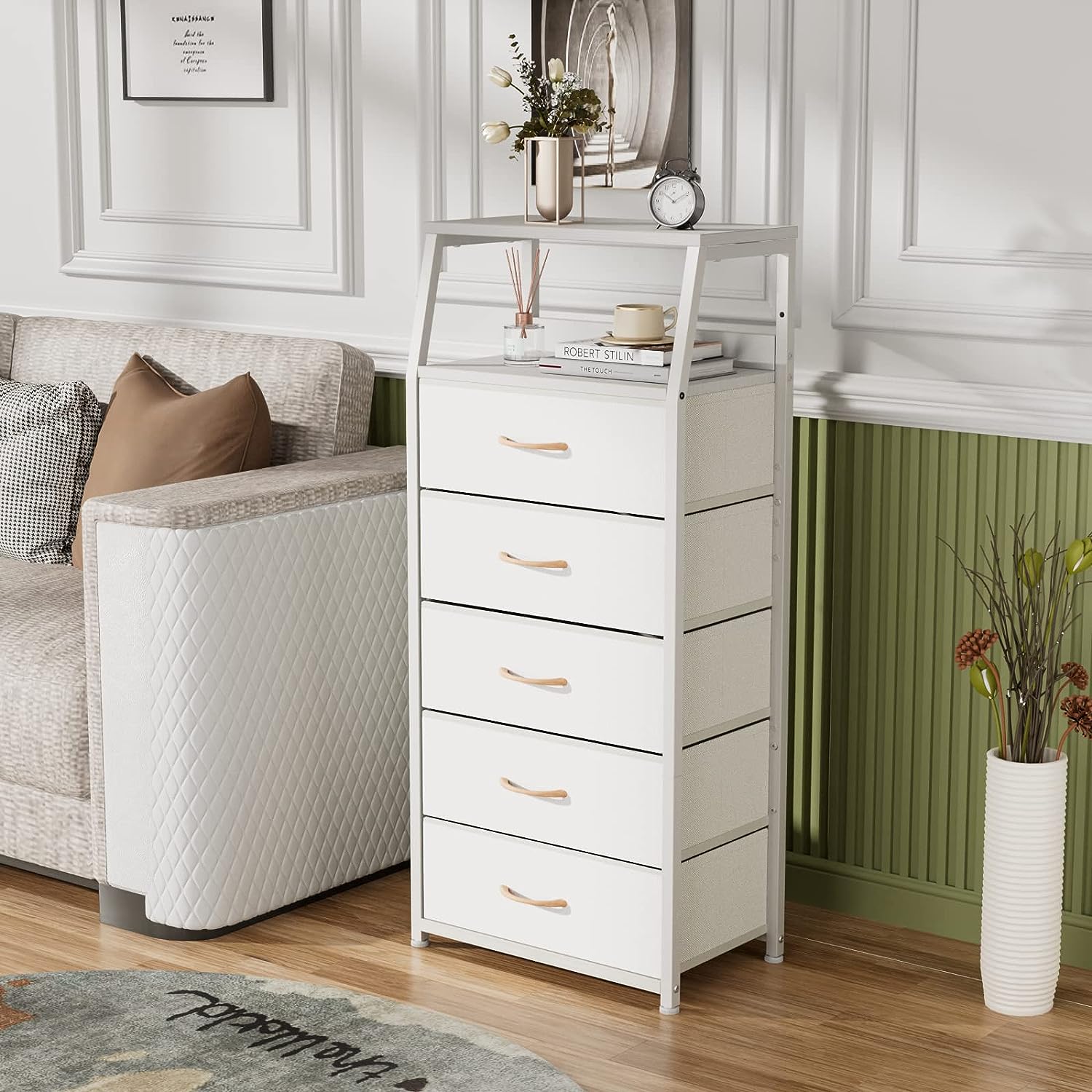 White Dresser with 5 Drawers, Vertical Storage Tower Fabric Dresser for Bedroom,  Wood Top, White