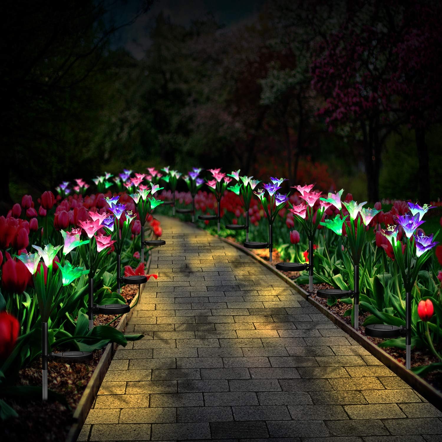 Solar Lights Outdoor Garden Decorative Flowers 6 Pack, Waterproof Solar Garden Lights with 24 Lily Flowers