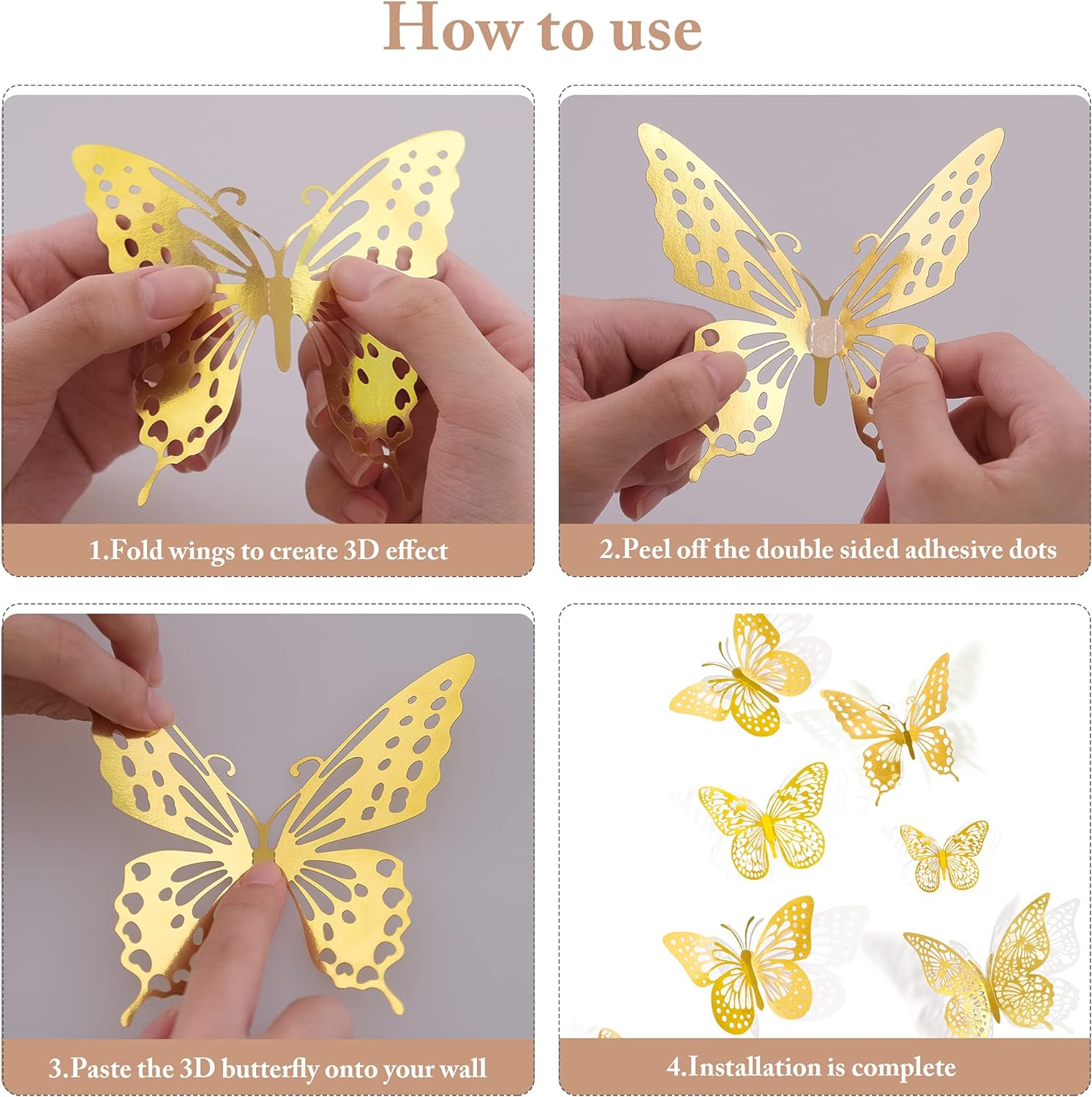 3D Butterfly Wall Decor 48 Pcs 4 Styles 3 Sizes, Gold Butterfly Decorations