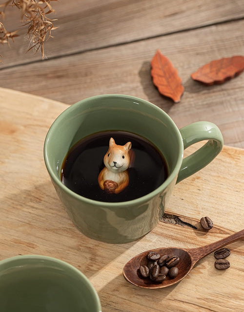 Load image into Gallery viewer, Squirrel Ceramic Cup Hidden 3D Animal Inside Mug,Cute Cartoon Handmade Figurine Mugs, 12 OZ (Light Green)
