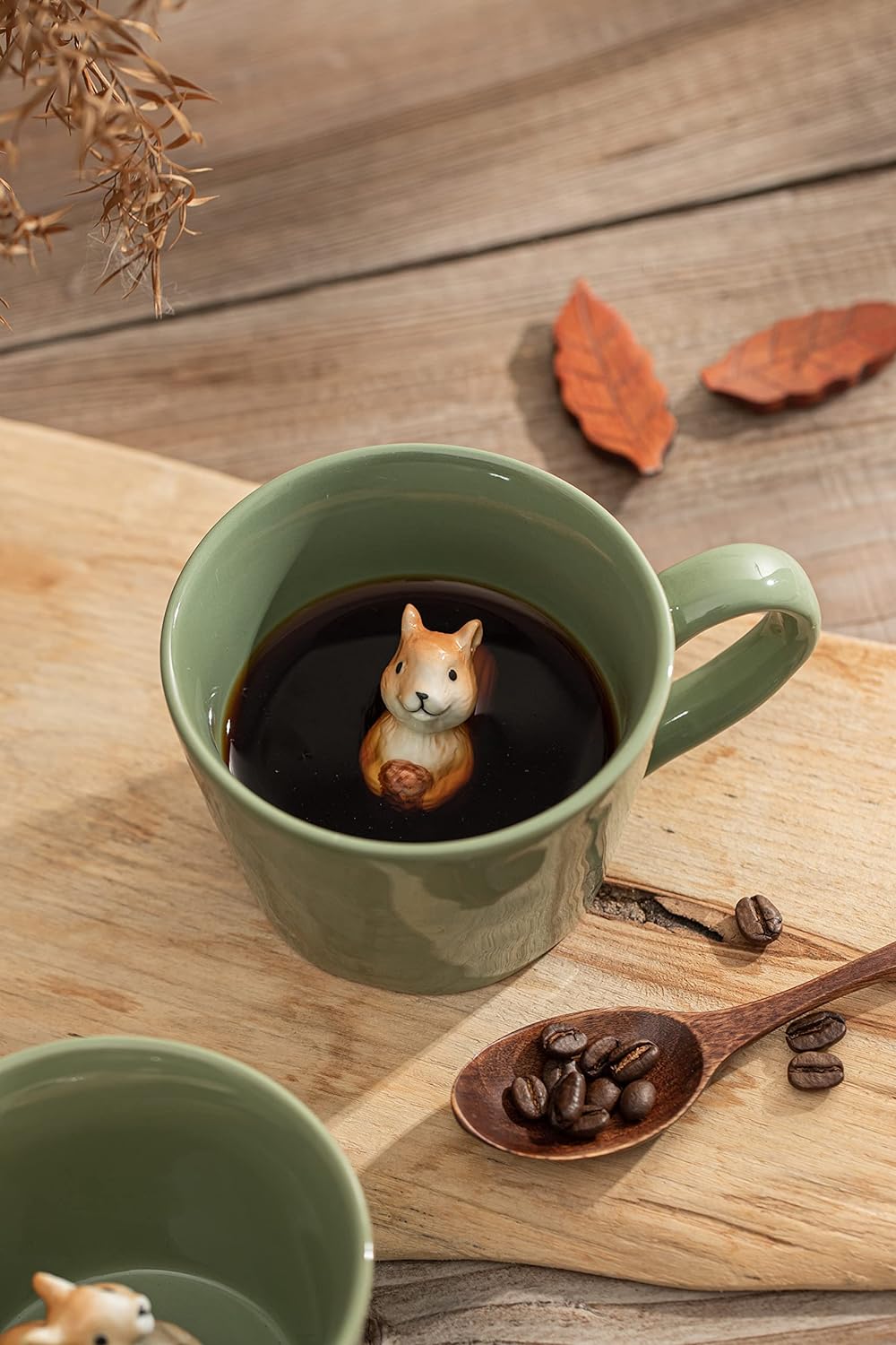 Squirrel Ceramic Cup Hidden 3D Animal Inside Mug,Cute Cartoon Handmade Figurine Mugs, 12 OZ (Light Green)