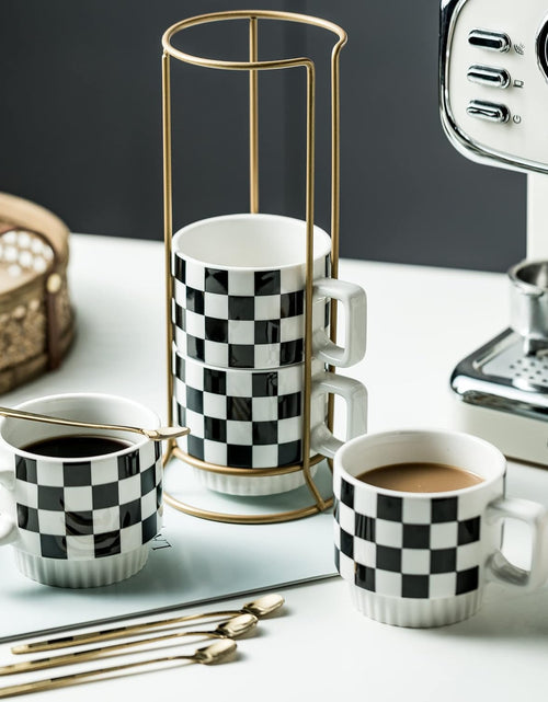 Load image into Gallery viewer, Stackable Coffee Mug Set of 4 with Rack 11 oz Tea Cup Set with Little Spoon (Black &amp; White Pattern)
