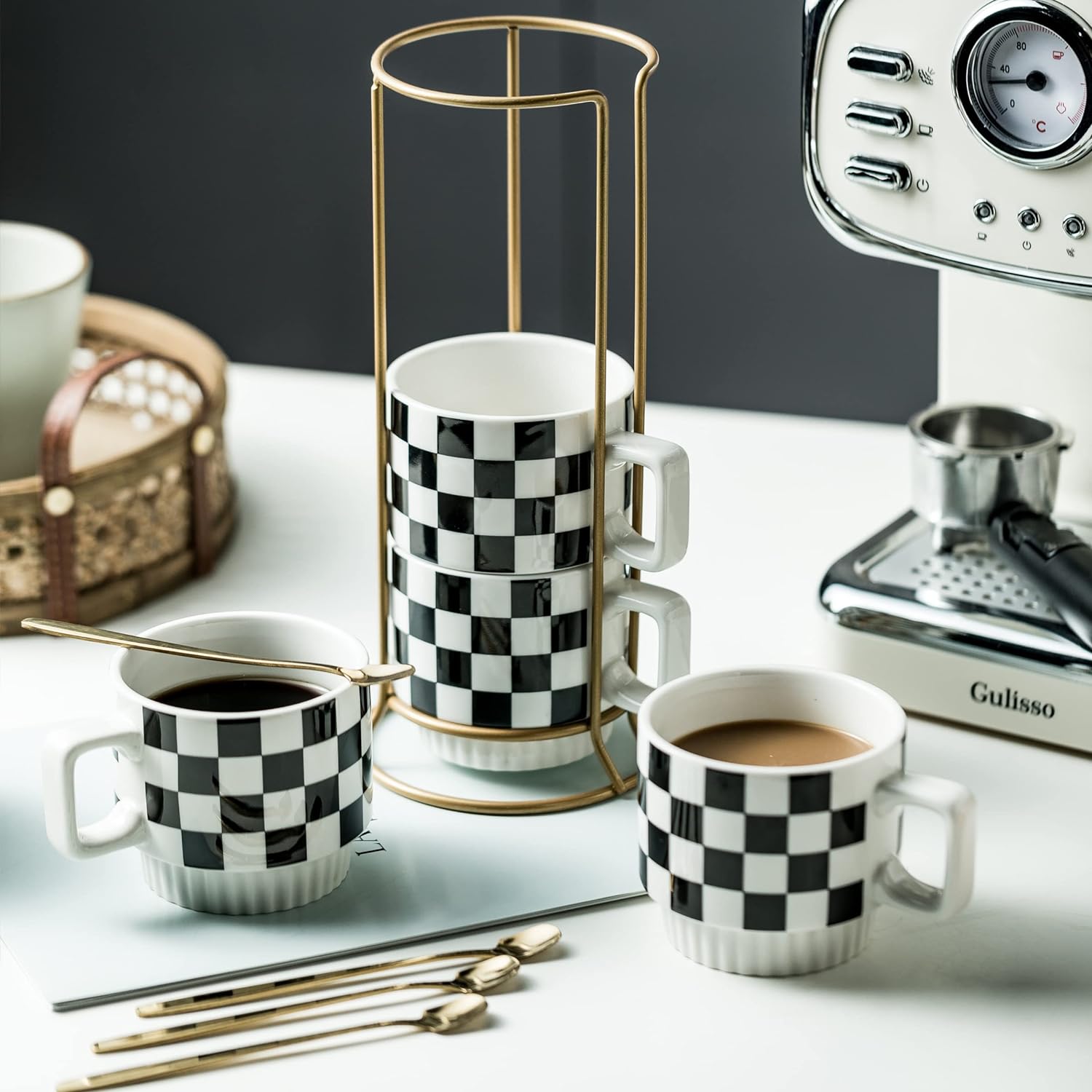 Stackable Coffee Mug Set of 4 with Rack 11 oz Tea Cup Set with Little Spoon (Black & White Pattern)