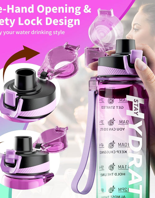 Load image into Gallery viewer, 32 oz Water Bottle, Motivational Water Bottles with Time Marker-Tritan &amp; BPA Free, Purple Green
