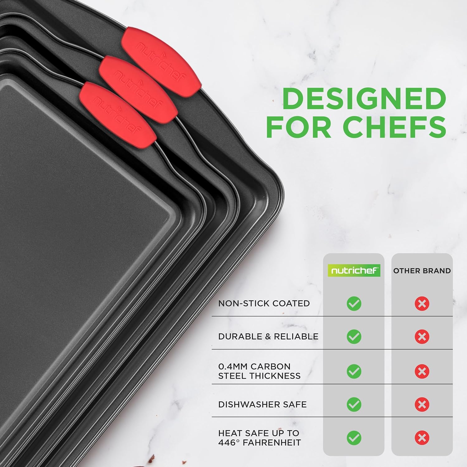 3-Piece Nonstick Kitchen Oven Baking Pans - Premium & Stylish Non-Stick Steel with Red Silicone Handles