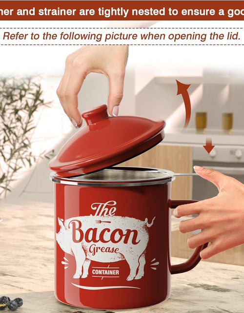 Load image into Gallery viewer, 46OZ Large Enamel Grease Container, With Silicone Spatula, Farmhouse Bacon Grease Keeper, Red
