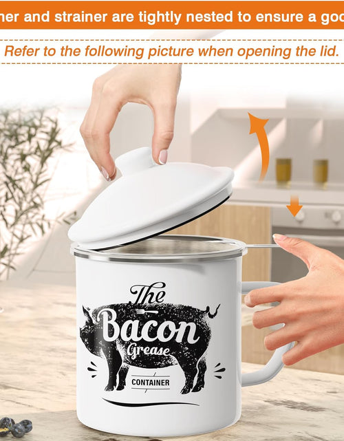 Load image into Gallery viewer, 46OZ Large Enamel Grease Container, With Silicone Spatula, Farmhouse Bacon Grease Keeper, White
