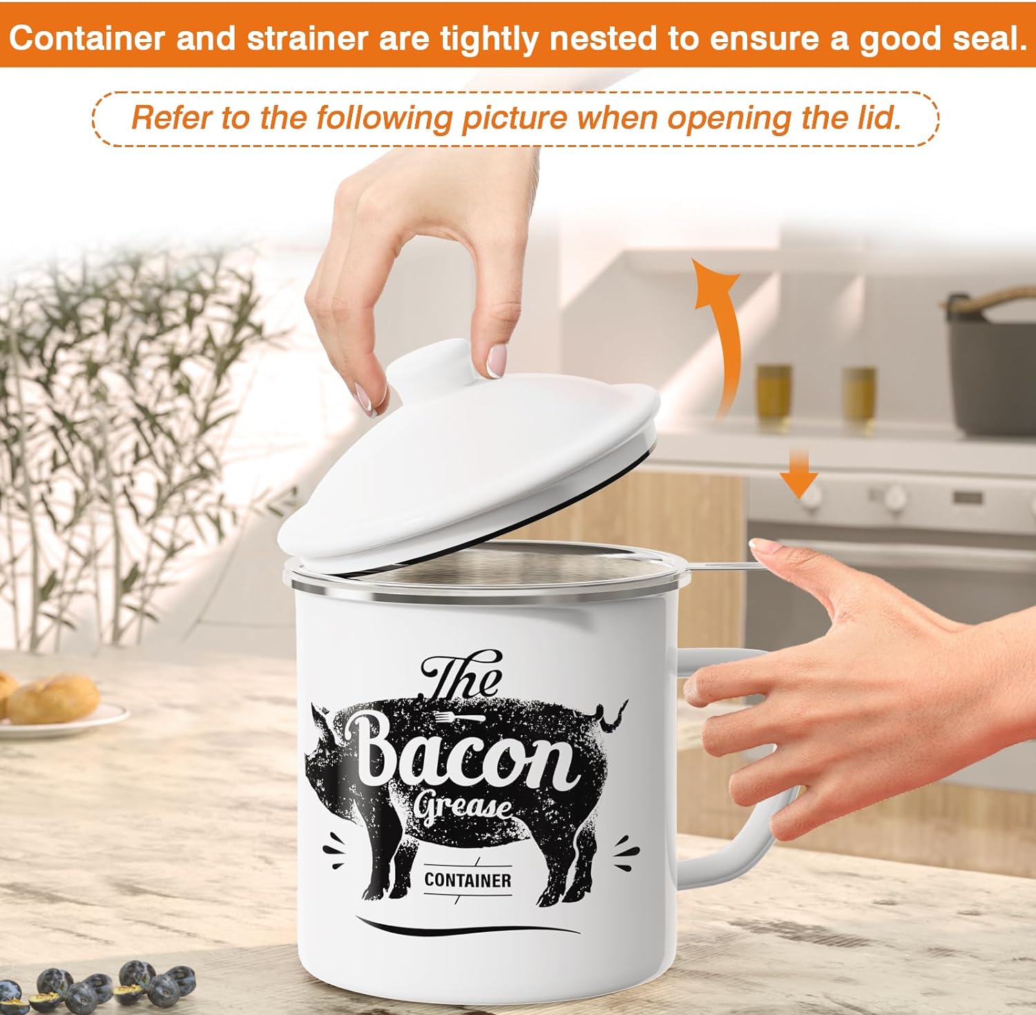 46OZ Large Enamel Grease Container, With Silicone Spatula, Farmhouse Bacon Grease Keeper, White