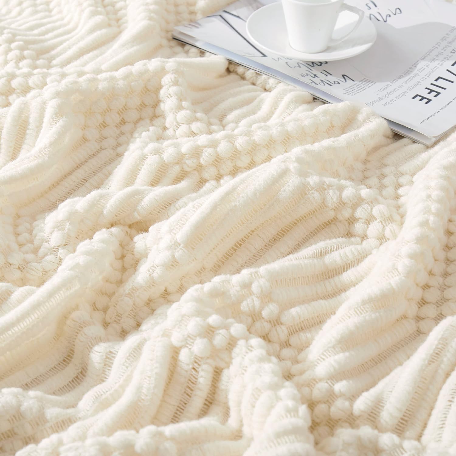 Off White Knitted Throw Blankets for Couch, Decorative Knitted Blankets with Tassel,50"x60"