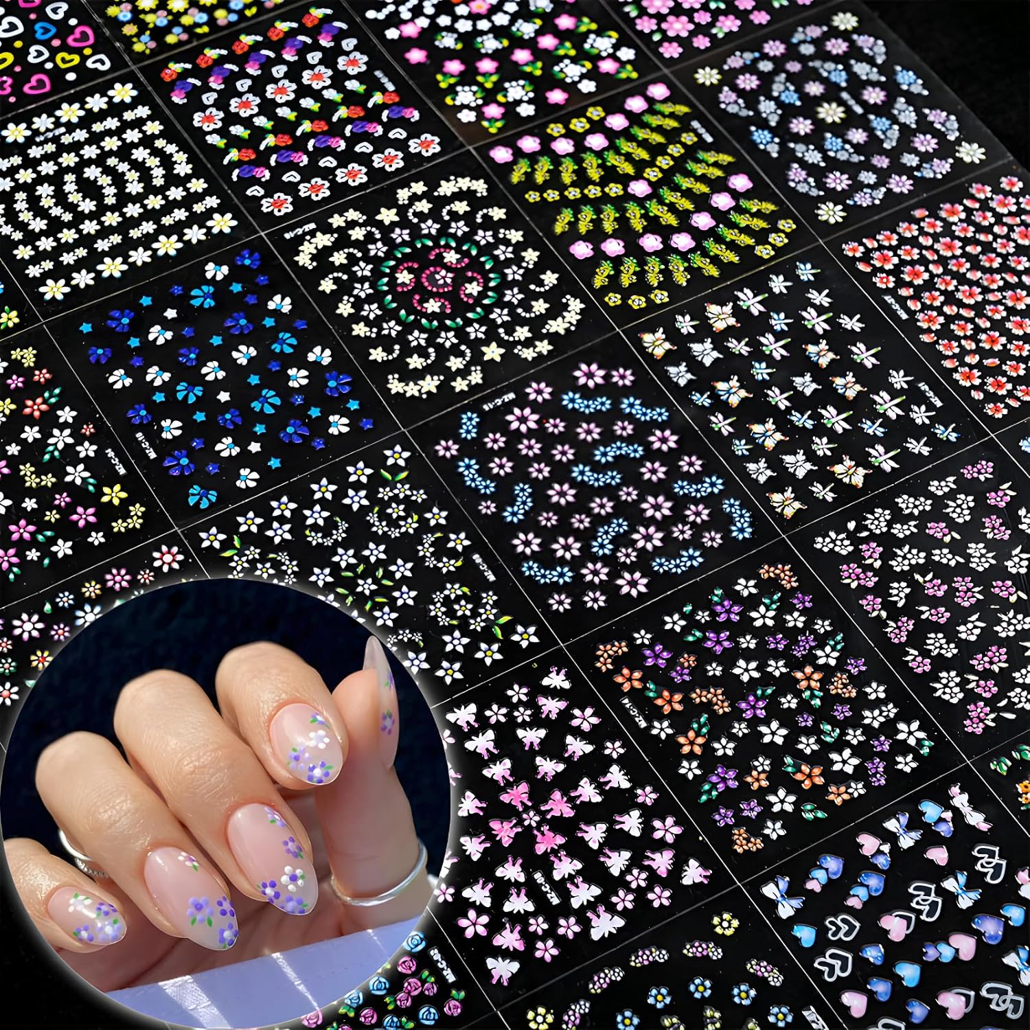 30 Sheets Flower Nail Art Stickers Decals Colorful 3D Self Adhesive Cute Daisy Floral