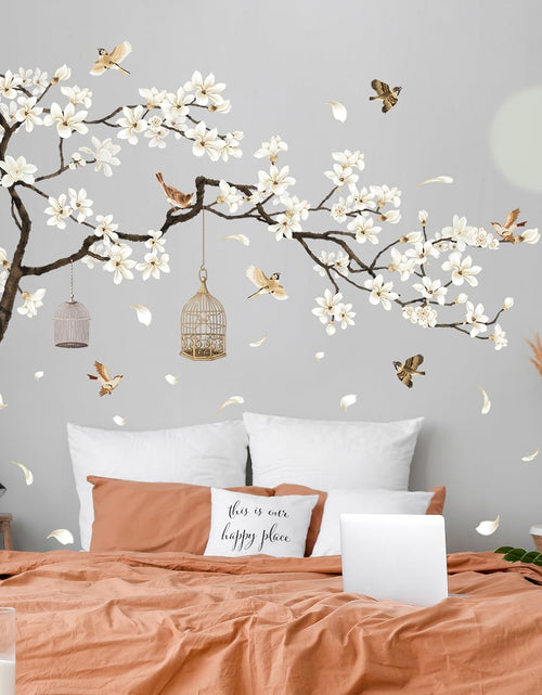 Load image into Gallery viewer, White Flowers Black Tree and Flying Birds Wall Stickers Removable DIY Wall Art 50x74 Inch
