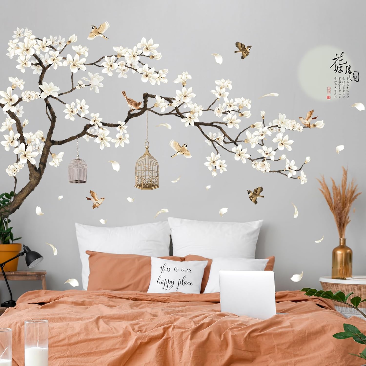 White Flowers Black Tree and Flying Birds Wall Stickers Removable DIY Wall Art 50x74 Inch