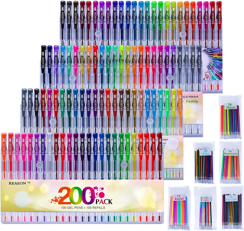 200 Pack Gel Pen with Case Coloring Books and 100 Refills for Drawing Painting Writing