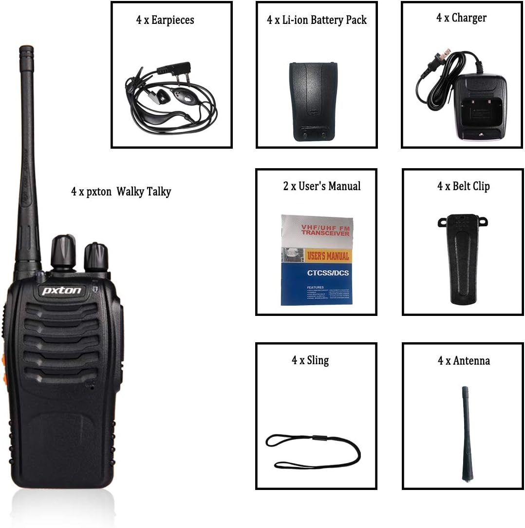 4 Pack Two Way Radio, Portable Walkie Talkie w/ Earpiece and Flashlight