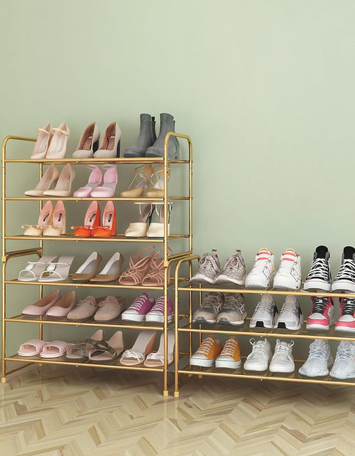 Load image into Gallery viewer, 3-Tier Stackable Shoe Rack, Expandable &amp; Adjustable Shoe Shelf Storage Organizer, Metal Mesh, Gold
