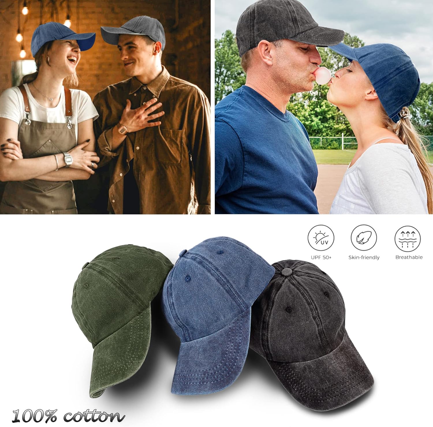 3 Pack Washed Plain Vintage Baseball Cap Cotton Adjustable Twill Bulk Low Profile Classic Dad Hat (Dark Green+black+navy Blue)