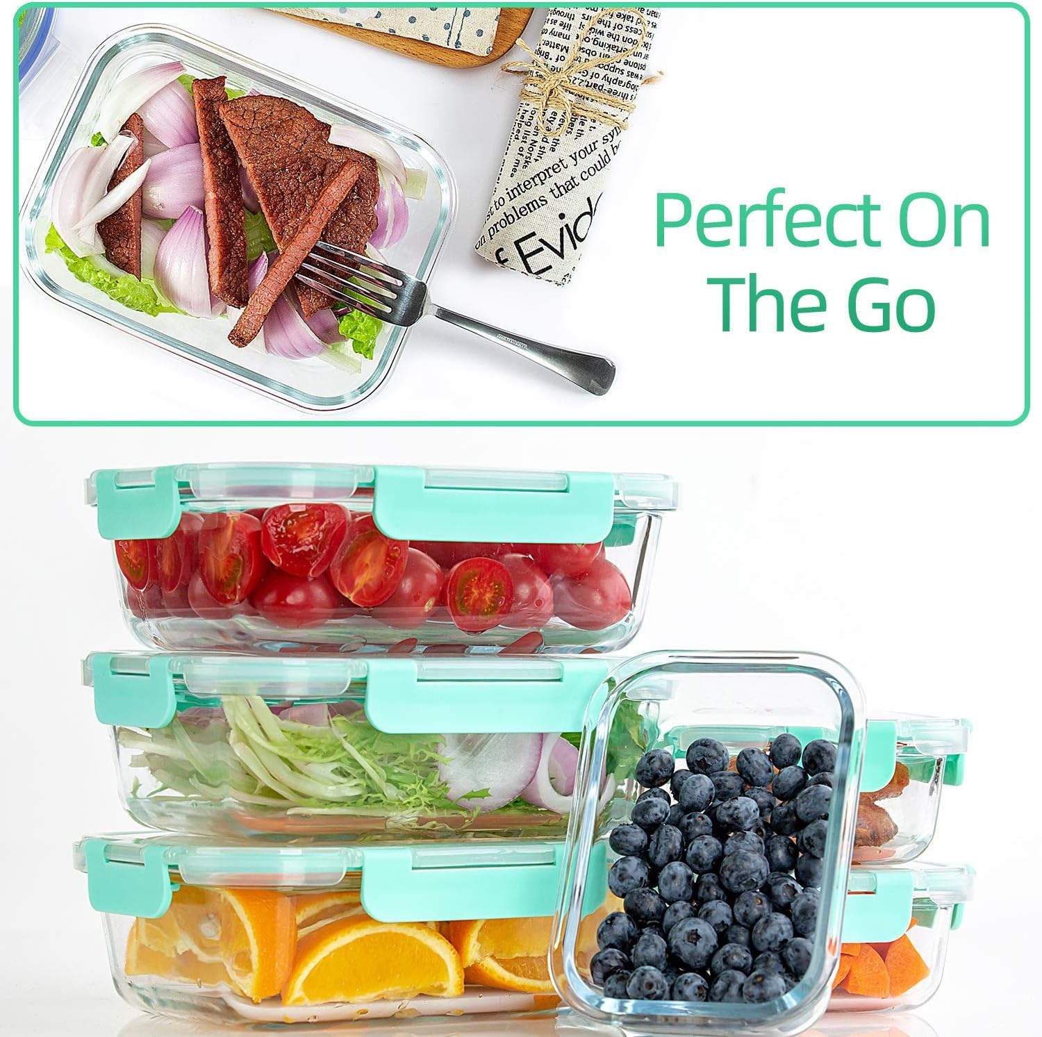 10 Pack Glass Food Storage Containers with Lids Leakproof, Airtight Glass Meal Prep Containers For Lunch, On The Go, Leftover, Dishwasher Safe, Mint