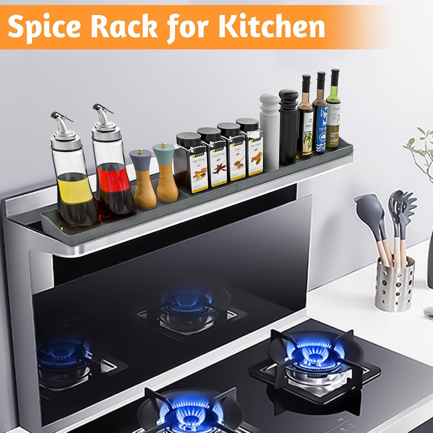 30 Inch Silicone Stove Top Shelf Magnetic for Kitchen, Soft Flexible Strong Magnetic Heat Resistant Spice Rack Organizer for Over Stove Oven - Grey