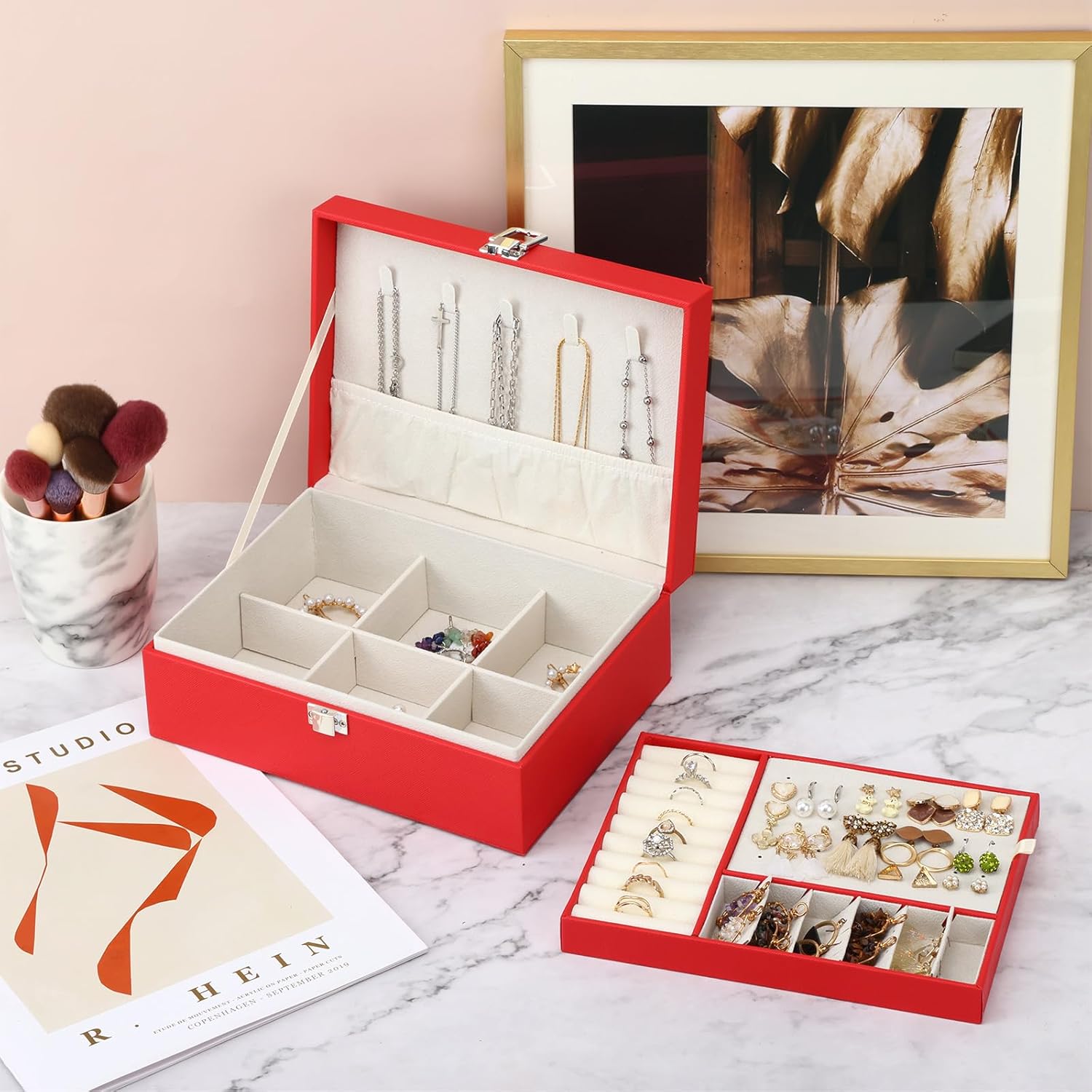 2-Layer Jewelry Organizer Box with Removable Tray, Gift Jewelry Storage Case for Storage Earrings Necklaces Rings Bracelets Watches (Red)