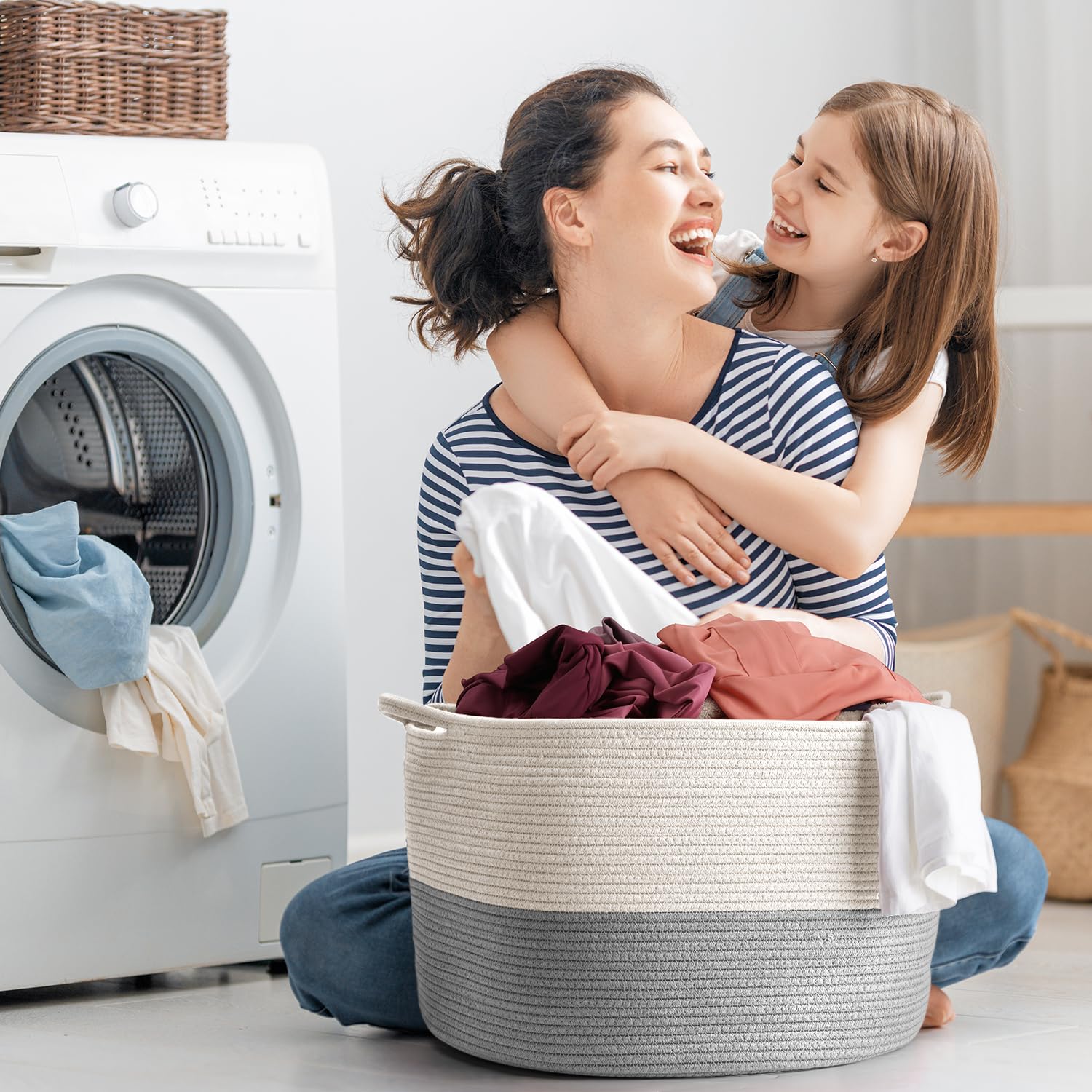 XXXLarge Blanket Basket Living Room - 22" x 22" x 14" Cotton Rope Baskets for Storage, White & Grey