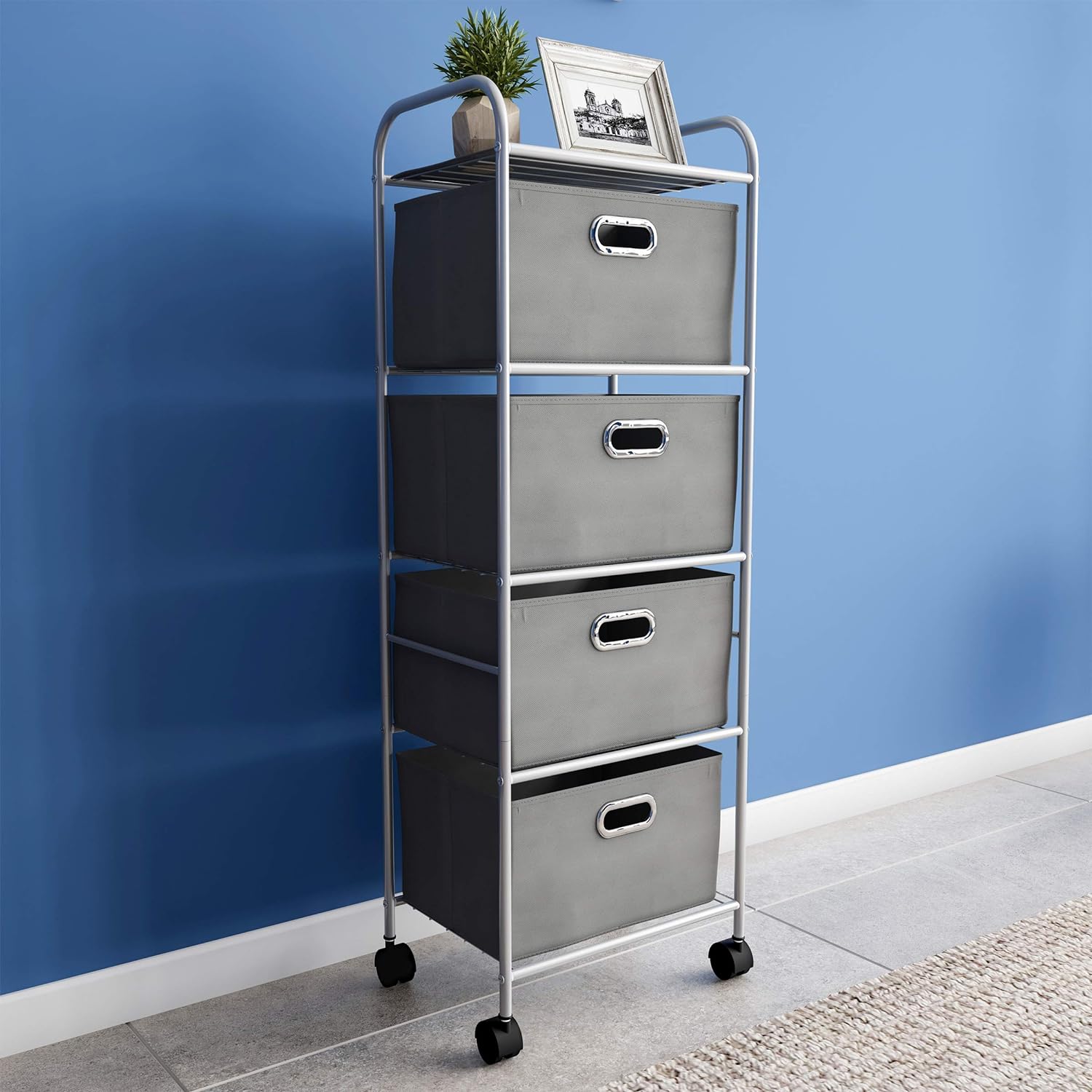 4 Drawer Storage Organizer, Rolling Fabric Bin Storage Cart with Wheels and Metal Frame, Gray