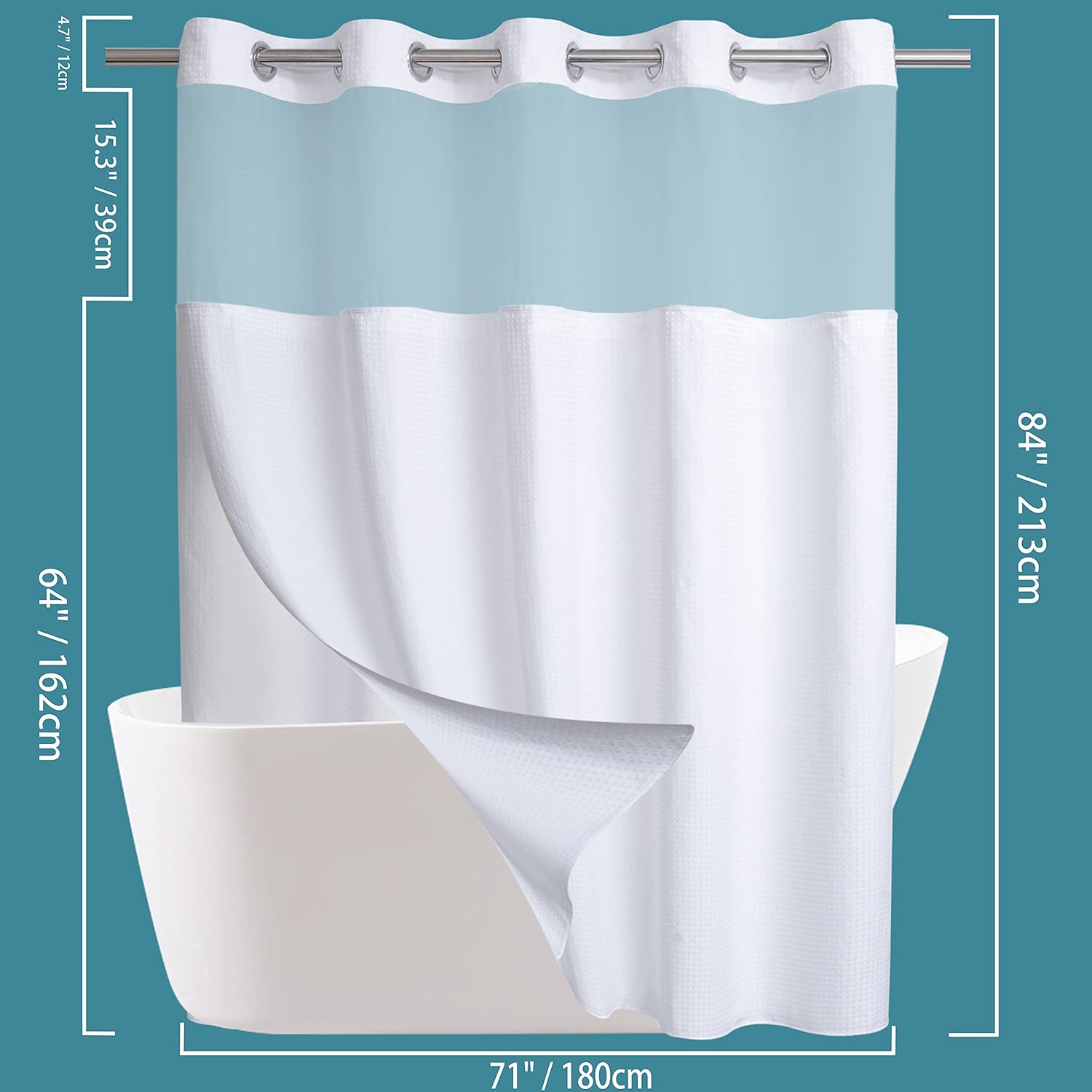 Extra Long Shower Curtain Set Hotel Grade with Snap in Liner for Bathroom Fabric with See Through Top Window (White,71W x 84H)