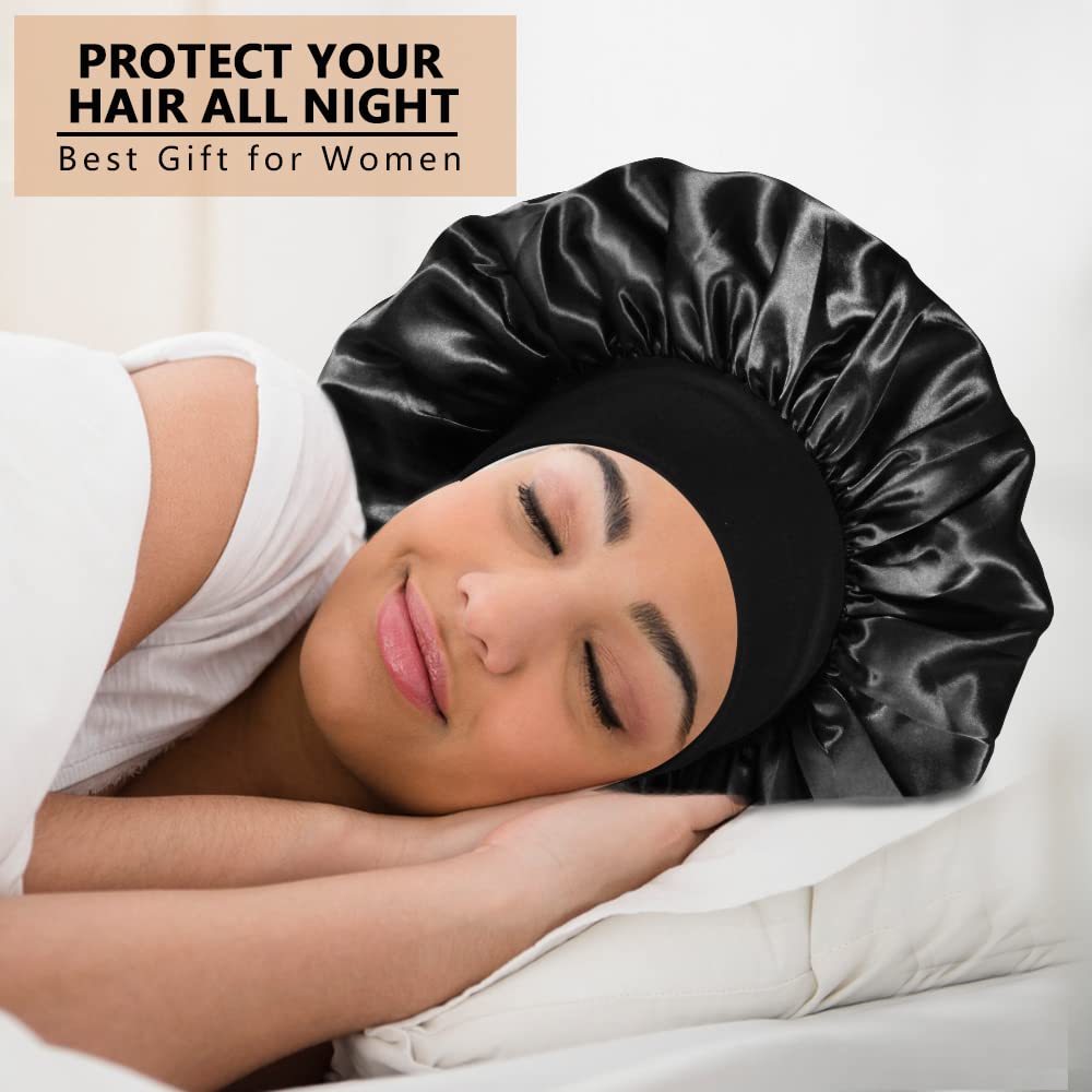 3PCS Extra Large Satin Bonnets for Sleeping, Hair Bonnets for Black Women Braids Curly Hair, A