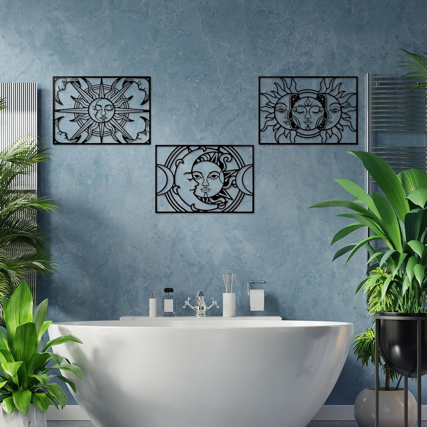 3 Pcs Sun and Moon Metal Decor, 15.75 x 10.63 inches, Black, Modern, Indoor and Outdoor, 3D Visual Effect