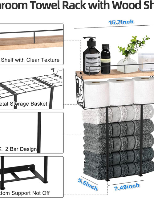 Load image into Gallery viewer, Towel Rack Wall Mounted for Small Bathroom, Wood Shelf with Metal Basket, 3 Tier Bathroom Towel Storage, Mattle Black-Lightbrown
