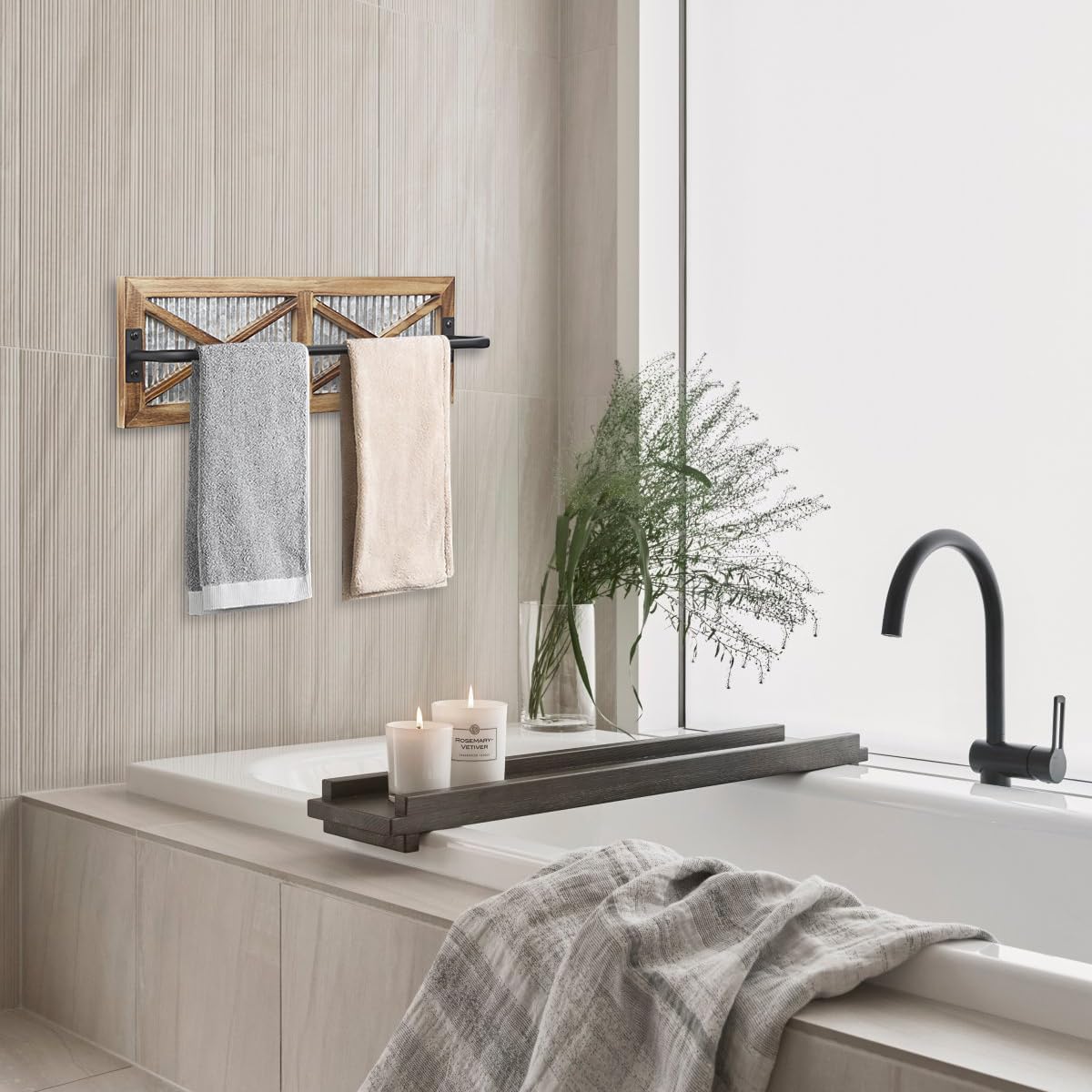 Wall Mounted Towel Bar Holder with Weathered Wood and Corrugated Galvanized Metal, Farmhouse Rack (Towels are not Included)