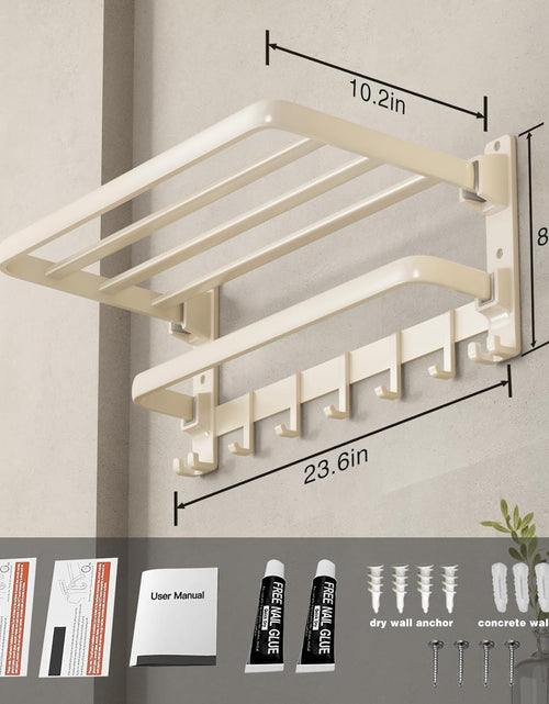 Load image into Gallery viewer, 24-Inch Towel Shelf with Towel Bar Foldable Towel Holder with 7 Hooks Towel Storage Organizer, Cream White
