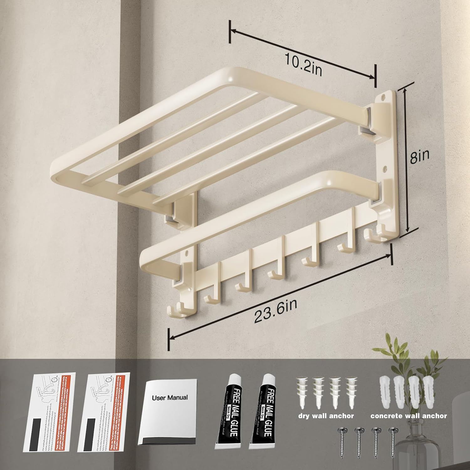 24-Inch Towel Shelf with Towel Bar Foldable Towel Holder with 7 Hooks Towel Storage Organizer, Cream White