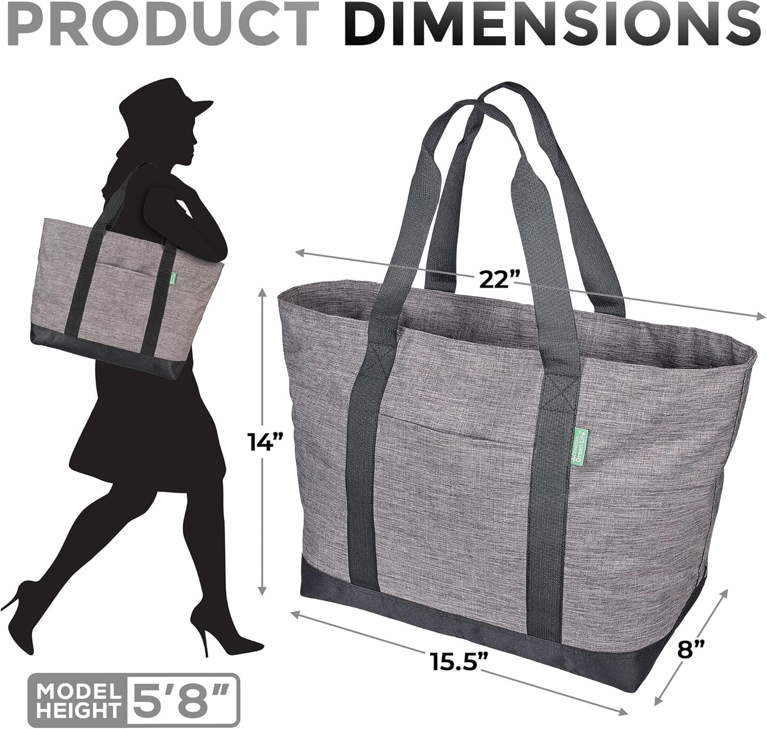 xtra Large Tote Bag for Women or Men with Zipper, Everyday Bag for Work, Travel Bag, Gym Bag, Grey