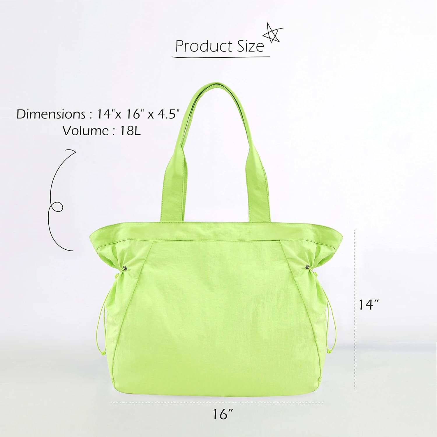 18L Side-Cinch Shopper Bags Lightweight Shoulder Bag Tote Handbag for Shopping Workout Beach Travel, Lime