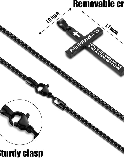 Load image into Gallery viewer, Bible Verse Cross Necklace for Men, Stainless Steel Mens Necklace, Black/Gold/Silver Tone Cross Pendant for Men, 22 inches
