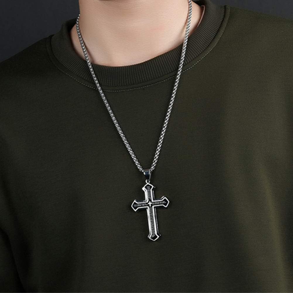 Mens Cross Pendant Necklace Large Stainless Steel Cross Pendant Necklace for Men Women, Silver