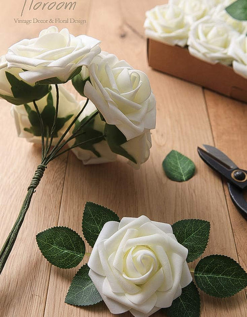 Load image into Gallery viewer, 25pcs Real Looking Ivory Foam Fake Roses with Stems for DIY Wedding Bouquets
