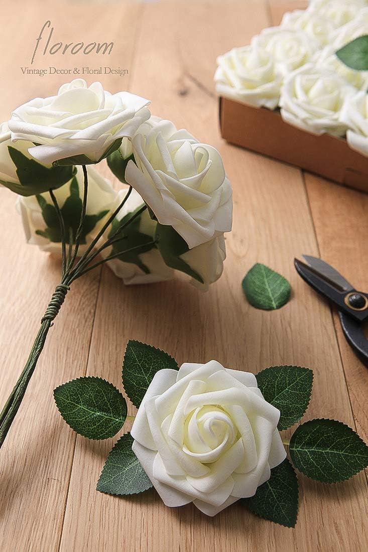 25pcs Real Looking Ivory Foam Fake Roses with Stems for DIY Wedding Bouquets