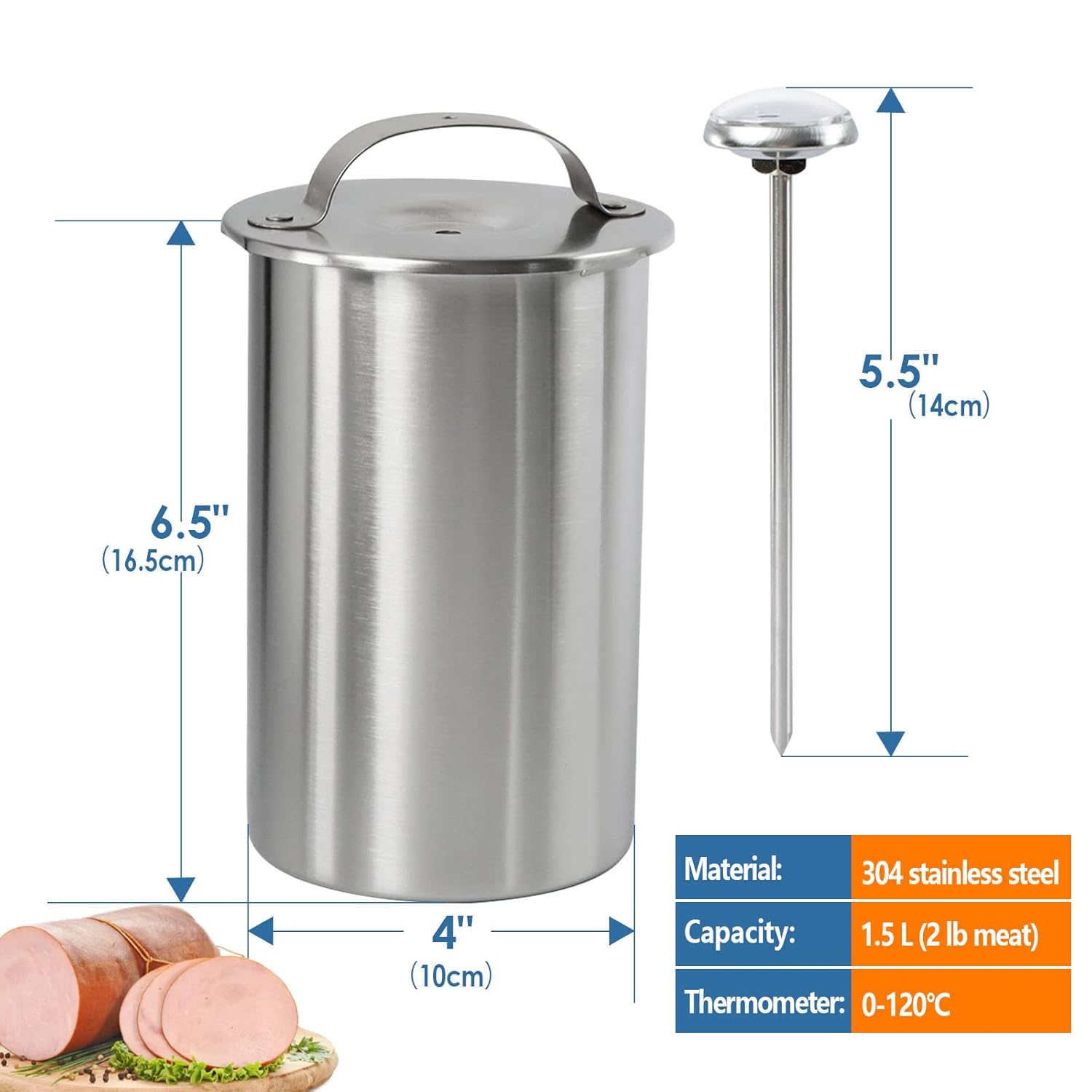 Stainless Steel Ham Maker Meat Press Cooker for Making Healthy Homemade Deli Meat with Thermometer