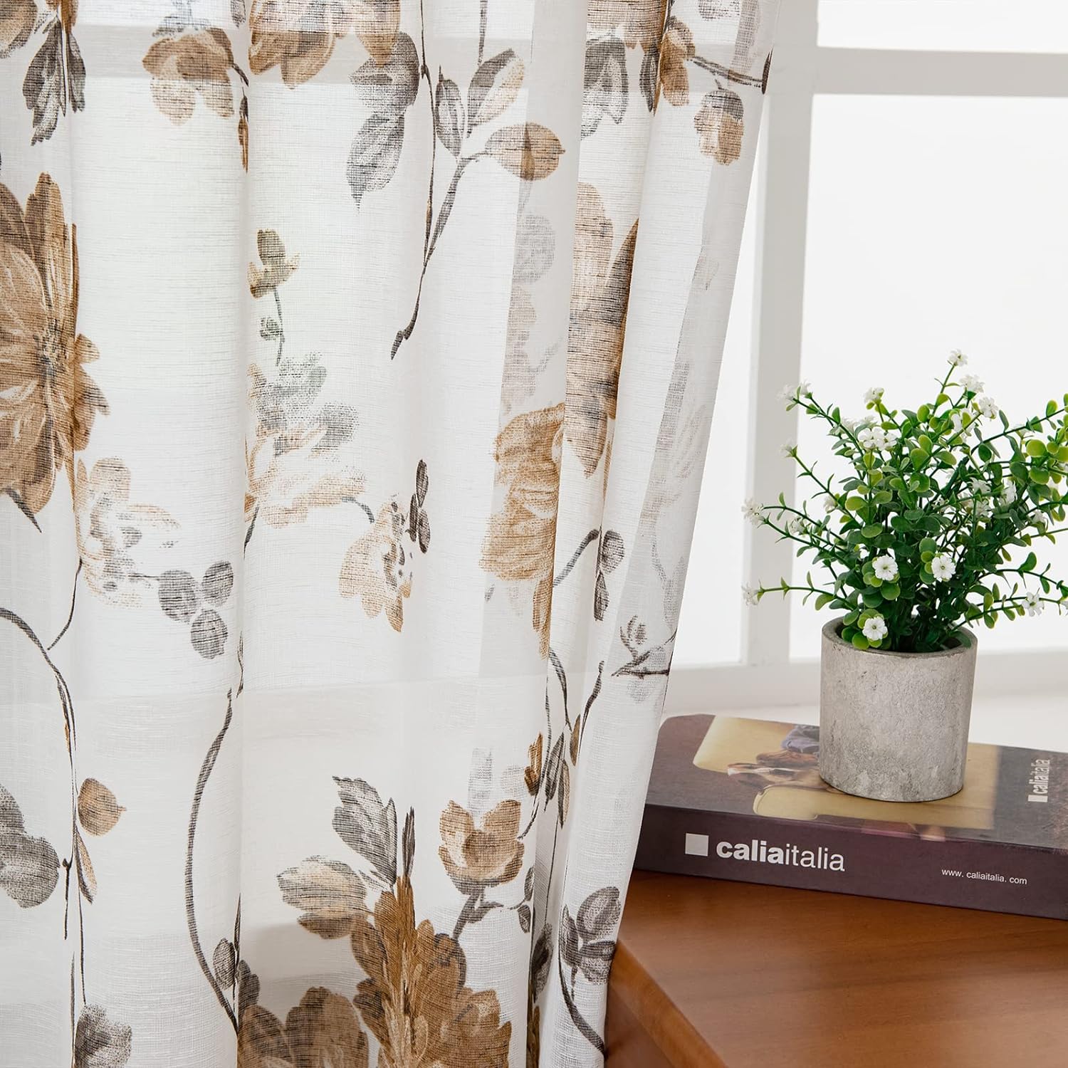 Vintage Floral Curtains 84 Inch Length 2 Panels Set for Living Room Bedroom Rod Pocket Semi Sheer,  Taupe on White